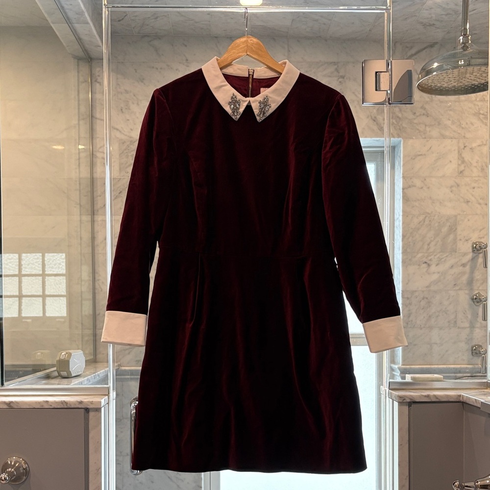 Ted Baker Burgundy Velvet Mini Dress with White Collar
